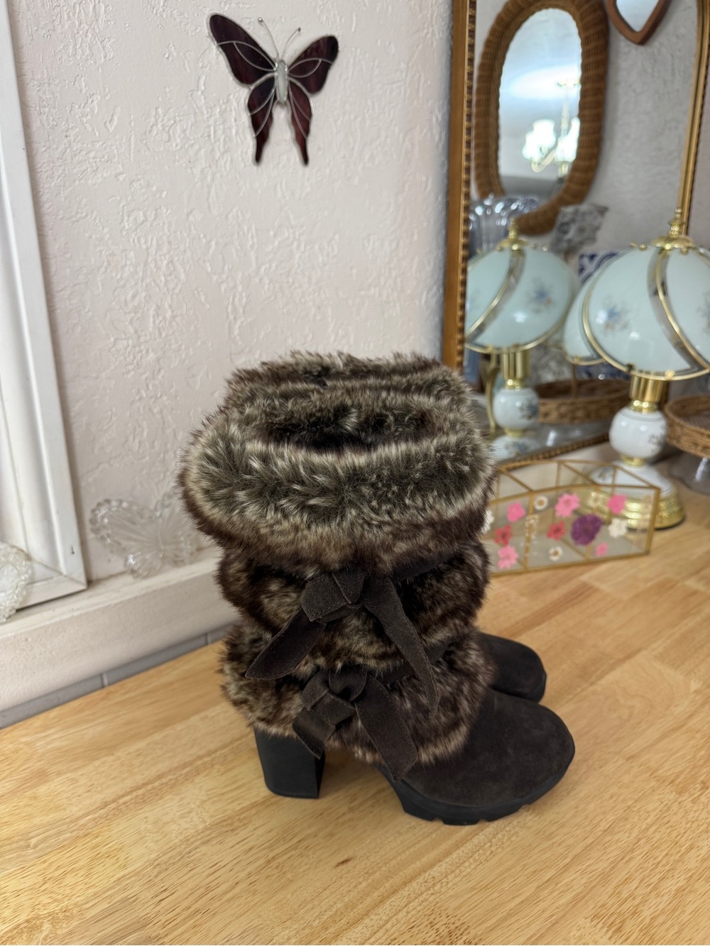 2000’s BEARPAW Brown Faux Fur Suede Chunky Heel Boots Size 5 Whimsigoth Y2K - Picture 13 of 13